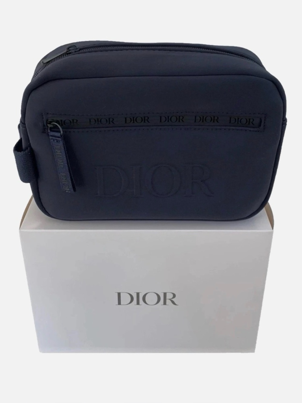 Dior Men's Dark Blue Embossed Logo Toiletry Pouch